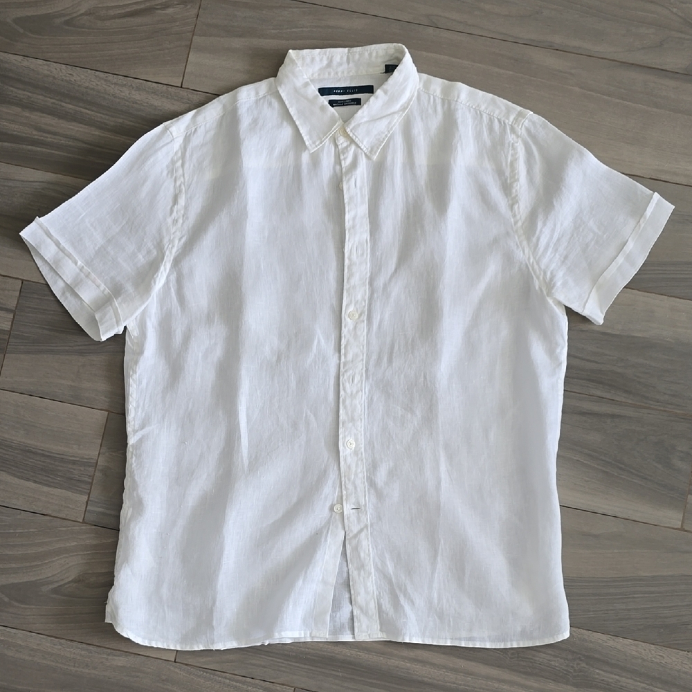 Perry Ellis White Linen Casual Button Down Shirt - Large Size